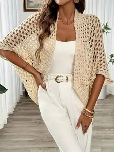 USEEN US 2026 Women's Crochet Cardigan - Hollow-out Open Front, 3/4 Sleeve Tunic, Lightweight Knit Relaxed Heated  Soft Knitwear