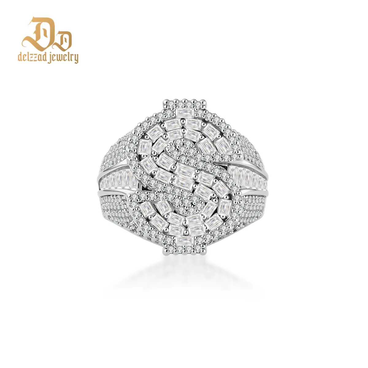 Delzzad 2.3ct Billionaire's Gaze Ring Iced Out Baguette USD Ring Band VVS Synthetic Moissanite Ring Jewelry Copper Band Hip Hop Punk Rock Ring for Rapper Perfect Birthday Engagement Wedding Anniversary Christmas Easter Valentine's Day Mother's Day Gift