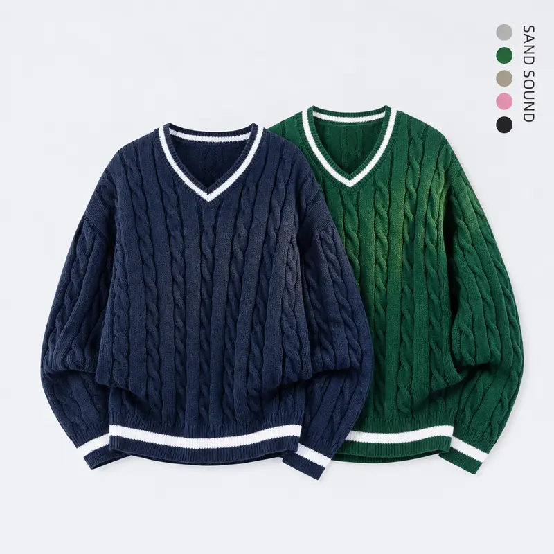 SAND SOUND Men's V-Neck Striped Knitted Sweater - Thick Warm Polyester, Oversized Loose Longsleeves Menswear, Casual Look Street-Ready Top for Halloween, Christmas