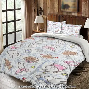Miffy and Bear Cartoon Print Fabric 3-Piece Quilt Set, Bedding Set, Suitable as a Gift