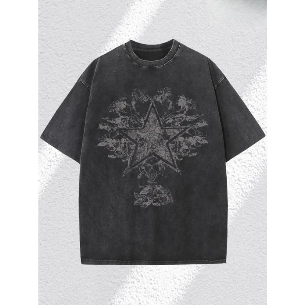 Men's Short-Sleeves Streetwear Graphic Top, Vintage Washed 230g Heavy Cotton Menswear with Star-Floral Print, Soft Breathable Fabric, Regular Fit Male Sports Top, Round Neck, Dark Wash, Star Print, Sporty Chic, 2Xl, Shortsleeve, Casual, Shirt