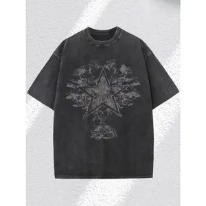 Men's 230g heavy cotton vintage washed T-shirt - Dark street pattern printed star and floral design, regular fit short sleeves round neck top, all season casual wear (S to XXXL size), everyday comfortable shirt, soft breathable fabric