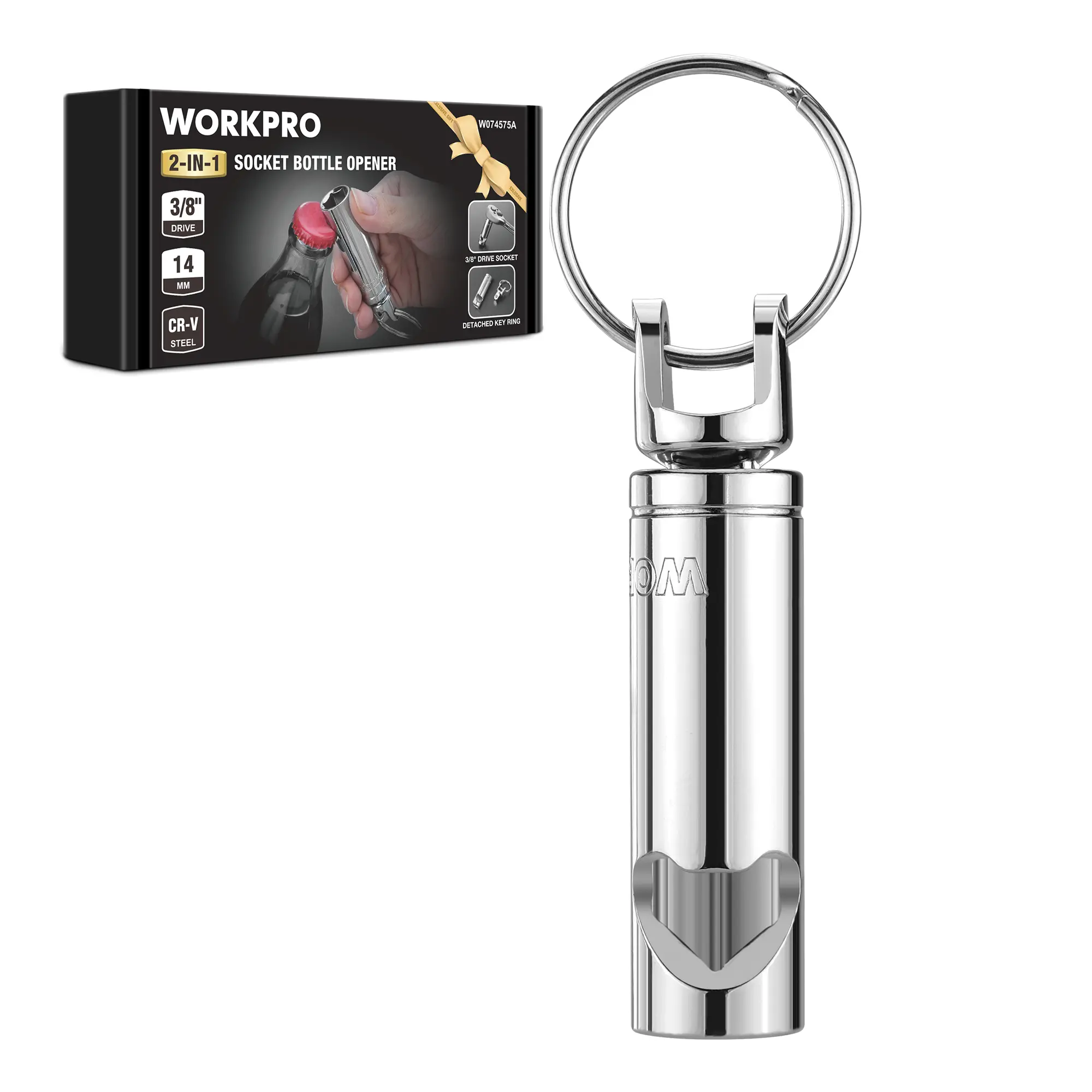#toolupgrade WORKPRO Socket Bottle Opener, 3/8 Inch Drive x 14 mm Socket, Deep Square Drive Socket, CR-V, 6-Point, Portable Detachable Key Ring - for Automotive Repair, House Projects, Machinery Work, Gift for Men