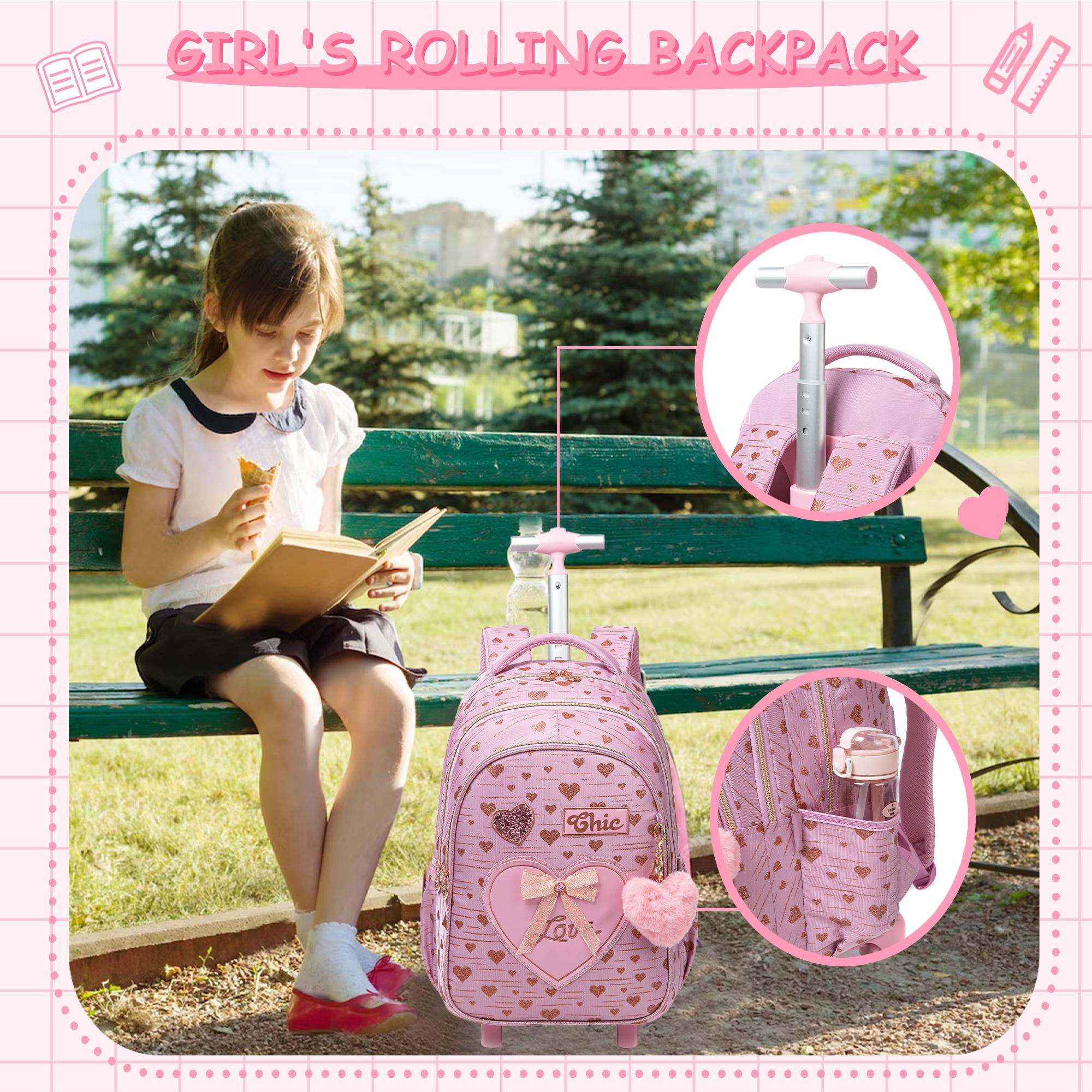 Chic Pink Heart Rolling Backpack 3-in-1 Set | Cute Glitter Bow Girls School Bag with Wheels, Insulated Lunch Tote & Pencil Pouch | Magical Wheeled Bookbag Gift for Kids