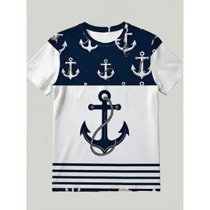 Women's Short-Sleeve Relaxed-Fit Round Neck Polyester Printed T-Shirt - Minimalist Nautical Anchor White Line Art on Deep Navy Background, Ideal for Lady's Everyday Casual Spring & Summer Wear