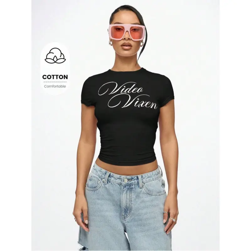 WOMEN Video Vixen Y2K style baby T-shirt, short top, slim fit, short sleeve, pattern and text print, retro style, street style, festival, summer, spring Brown Casual