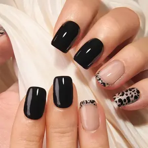 24pcs Short Leopard Print Nail Art Stickers, Women's Solid Color False Nails, Classic Design, Easy to Wear, Reusable, Party, Date, Daily Use, Glossy False Nails