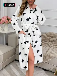 Women's Fluffy Autumn/Winter Robe with Long Sleeves, Full White Base Heart Print, Soft & Comfortable, Smooth, Featuring Side Pockets with Matching Pattern and Belt, Ideal for Home, Casual, and Sleepwear in Autumn/Winter
