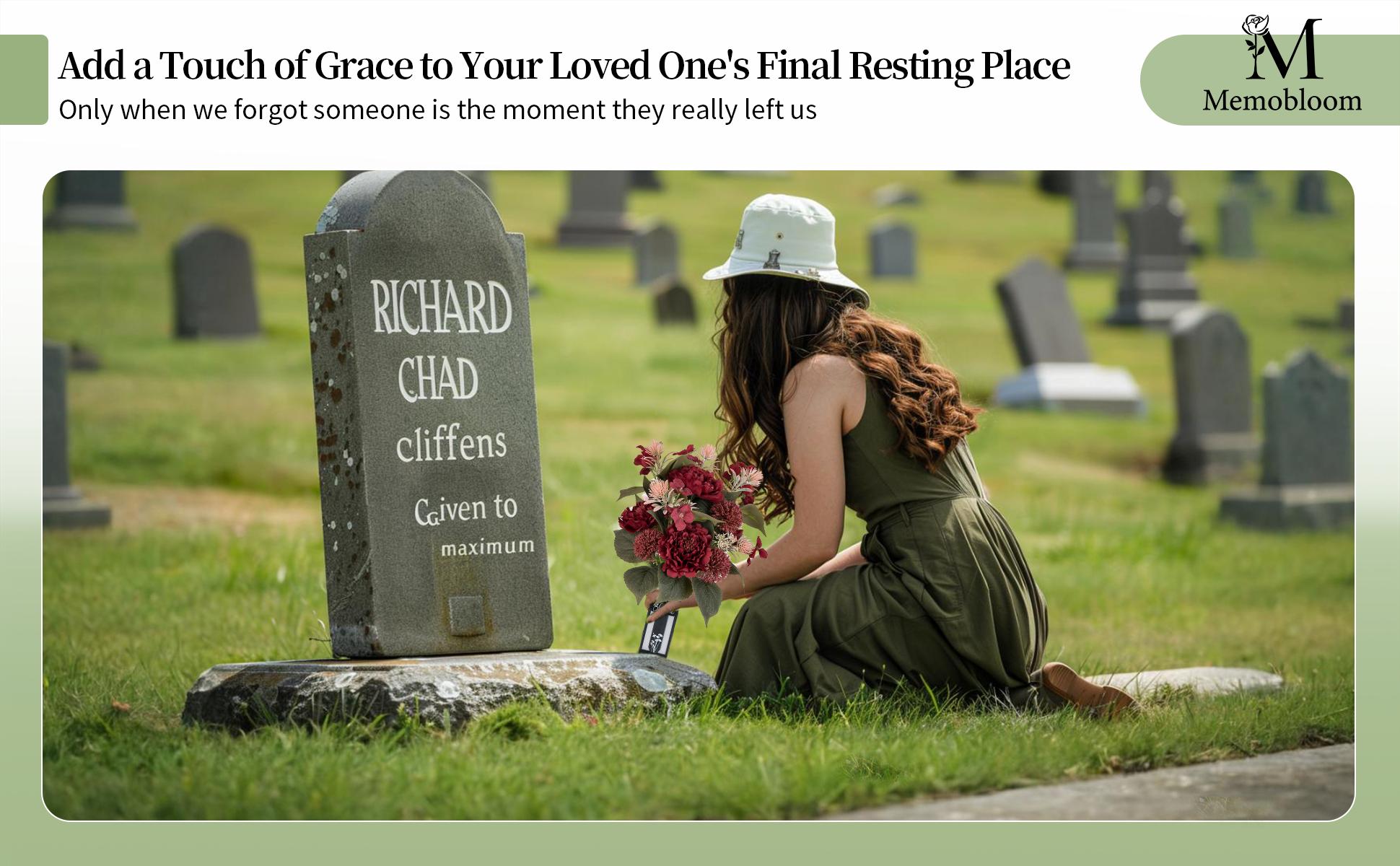 Mother's Day & Memorial Day Cemetery Flowers for Grave - Peony Grave Decorations with Vase, Lifelike Outdoor Artificial Flowers, UV Resistant & Maintenance-Free