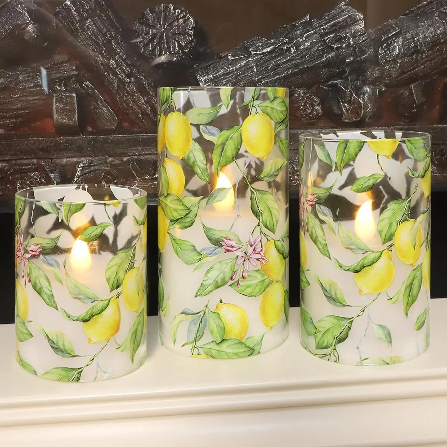 Lemon Glass Flameless LED Candles with Remote Timer, Battery-Operated, Adjustable Realistic Flicker, Real Wax Pillars (D3 x H4,5,6 in) for Lemonade Party, Indoor Kitchen Table Decor, Home Supplies
