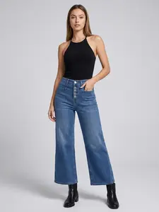JRH Vintage Blue Wash Capri Pants Women Stretch Straight-Leg Loose Fit High Rise Jean Comfortable Slimming Starched Button Comfortable Jeans Regular Size
