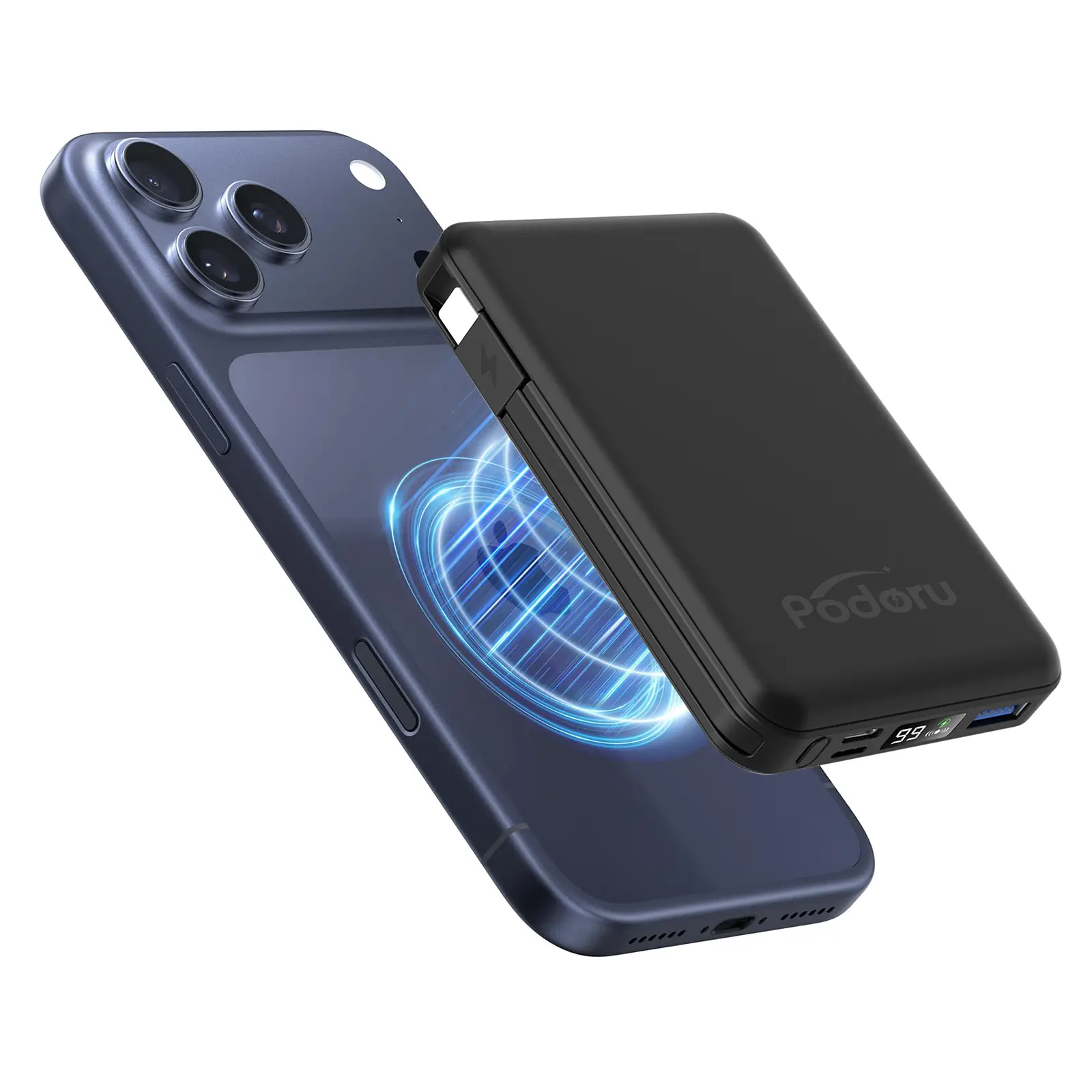 Podoru 10000mAh Magnetic Portable Charger - 20W PD Fast Wireless Charger with Built-in Dual Cables, LED Display, Silicone Cover for iPhone 17/16/15/14/13/12 Series - Phone Accessories, Battery Power Bank