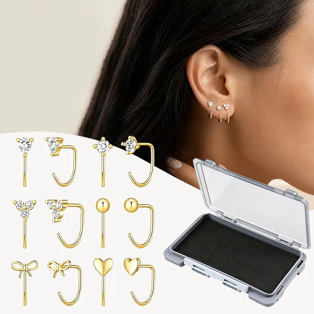 6 Pairs Backless Half Hoop Earrings for Women | Stay Close Open Hoops, Poke Free Comfort Fit Sleep in, No Back Huggies for Multiple Piercings, Hypoallergenic Lightweight