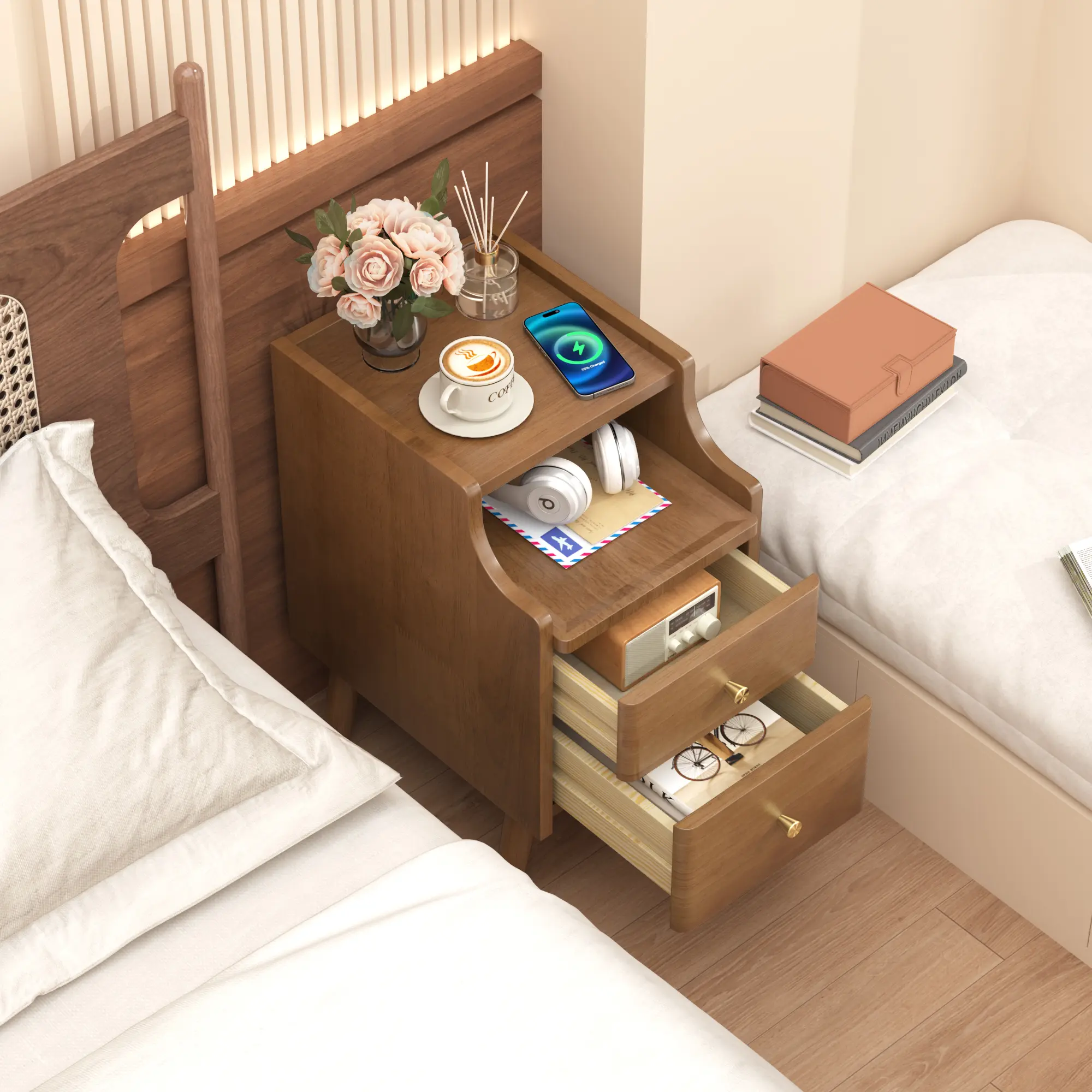 CocoHouse 12-in Wide Rubberwood Nightstand - Retro Midcentury Modern 2-Drawer Bedroom Beside Table with Open Storage Shelf & Organizer, Natural Grain, Easy Install (White/Black/Walnut)