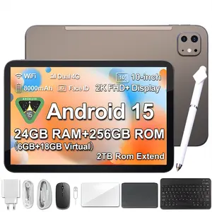 VQOBH 2026 Family 2-in-1 Android 15 Tablet 10.1” Large Screen 24GB RAM 256GB Storage Keyboard Mouse Stylus Case Bundle for Kids Learning Home Use Gift Streaming Cellphone - Smartphone