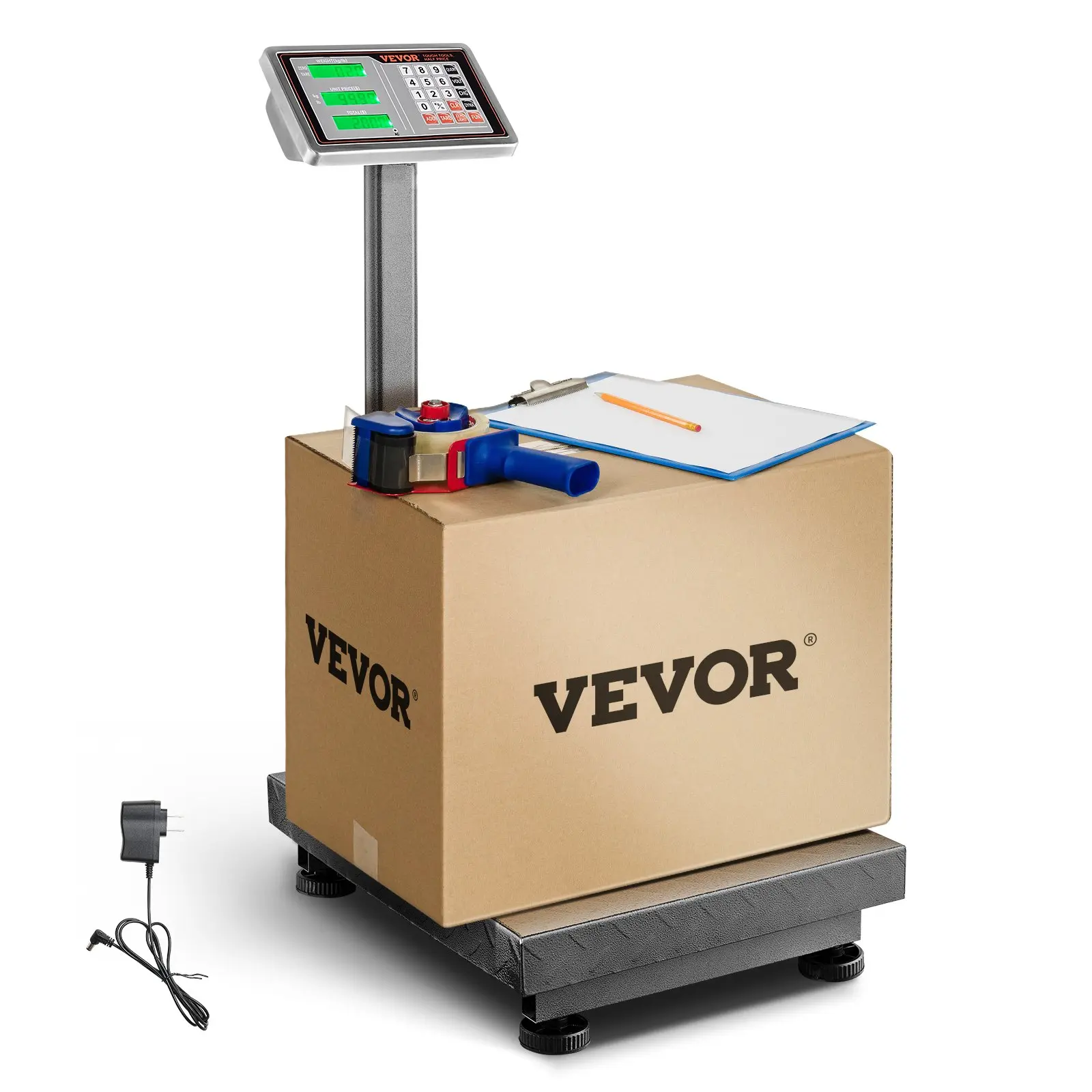 VEVOR Stainless Steel Floor Scale - 660 lbs Load, 0.1 lbs/50 g Accuracy, Carbon Steel Build, 20x16x2 in, Foldable, Adjustable, LB/KG Switch, Tare Function, Price Calculator, High-Def Screen, FCC Listed for Boxes