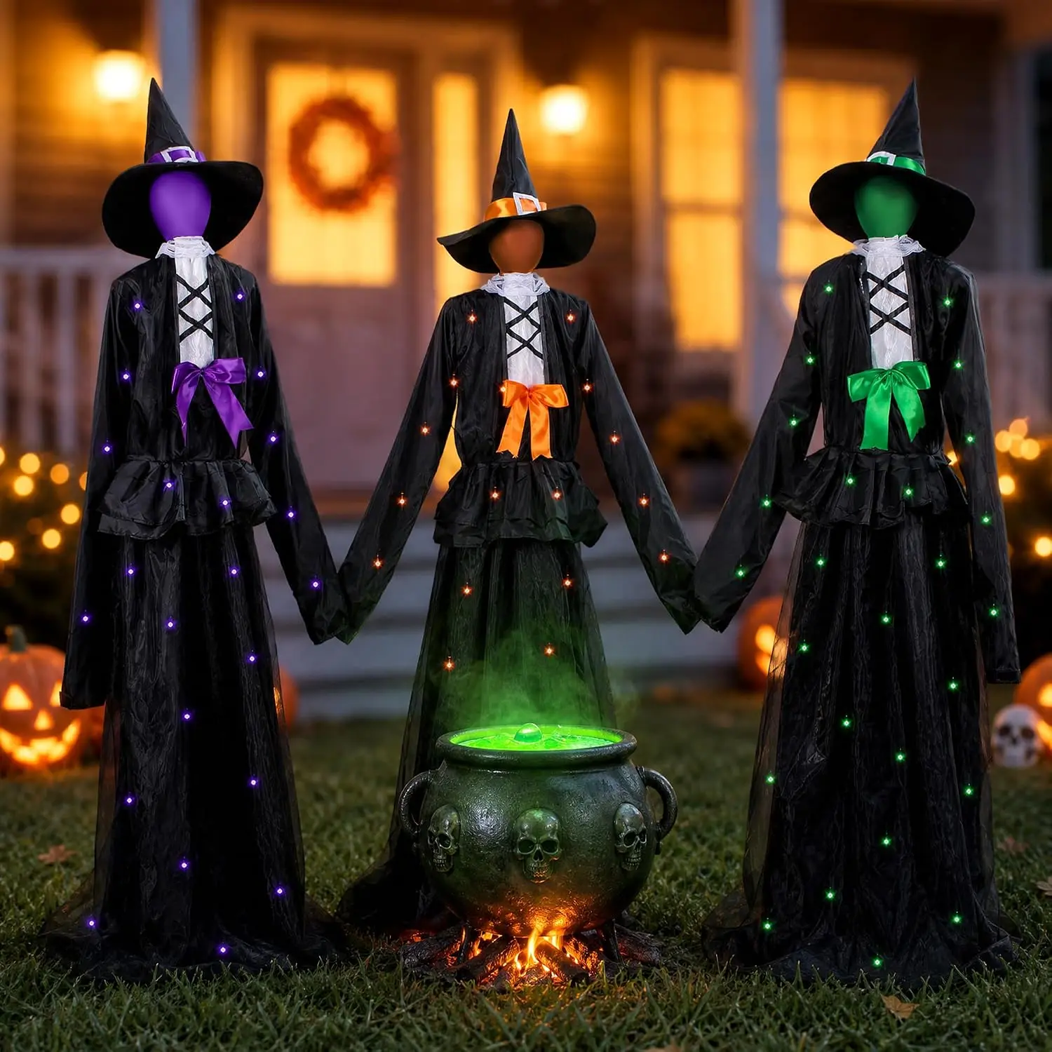 65in Spooky Standing Plastic Light Up Witch Decoration Set of 3, Outdoor Graveyard Prop with Metal Base, Water Proof Solar-Powered Control Box & Remote LED Witches for Yard Haunted House Decor