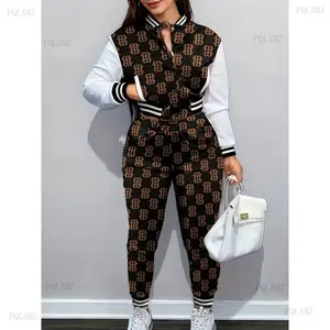 2025All-over Printed Casual Two Piece Set, Button Front Long Sleeve Bomber Jacket And Trousers, Women's