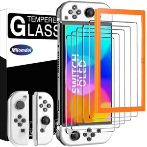 Milomdoi 5 Pack Tempered Glass Screen Protector for Nintendo Switch OLED Model 2021, with 2 Pack Clear Joy Con Soft Case, Alignment Frame Accessories for Nintendo Switch OLED 7 inch,Clear