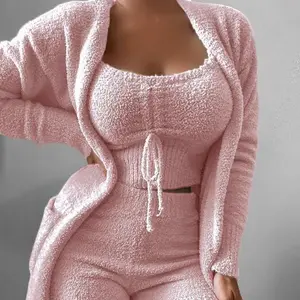 Women's Plush Three-Piece Set with Tie Pajamas Set Casual Set Loungewear Pajamas Long Sleeve Minimalist