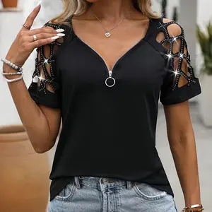Women's Rhinestone Cut-Out Short-Sleeve Top with Chain Detail