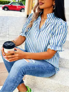 French Retro Light Yellow Stripe Puff Sleeve V-Neck Shirt Baddie Office Light Yellow Stripe Puff Sleeve Ruffle Shirt Vibrant Resort Light Yellow Stripe V-Neck Puff Sleeve Shirt