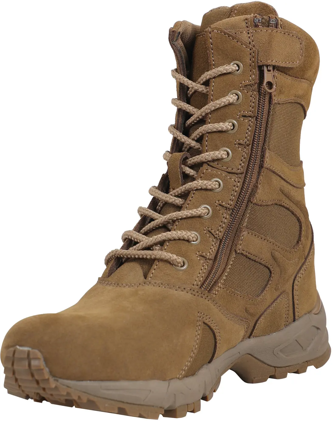Men's 8-Inch Forced Entry Tactical Boots - Coyote Brown Suede Leather & Nylon Shoe with Side Zipper, Padded Rubber Outsole, Footwear