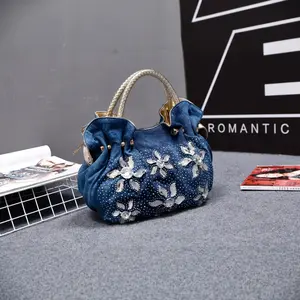 Women's Fashion Denim Studded Handbag, Retro Beaded Pleated Design, Diamond-Adorned Floral Bucket Crossbody Bag Single Shoulder Bag