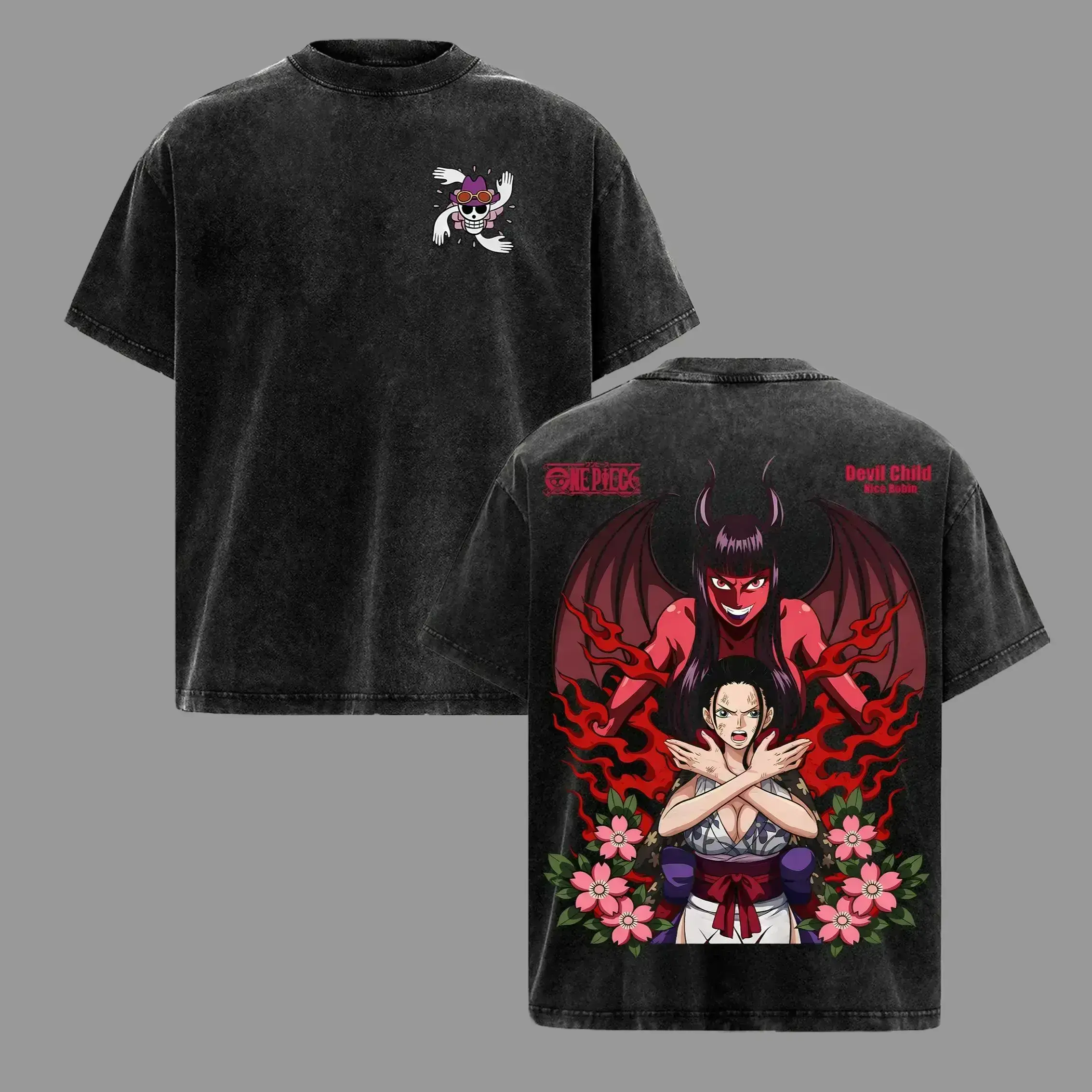s day fashion outfit Nico Robin Devil Child One Piece Vintage Washed T-Shirt | Demon Form Anime Graphic Tee | Manga Streetwear Shirt