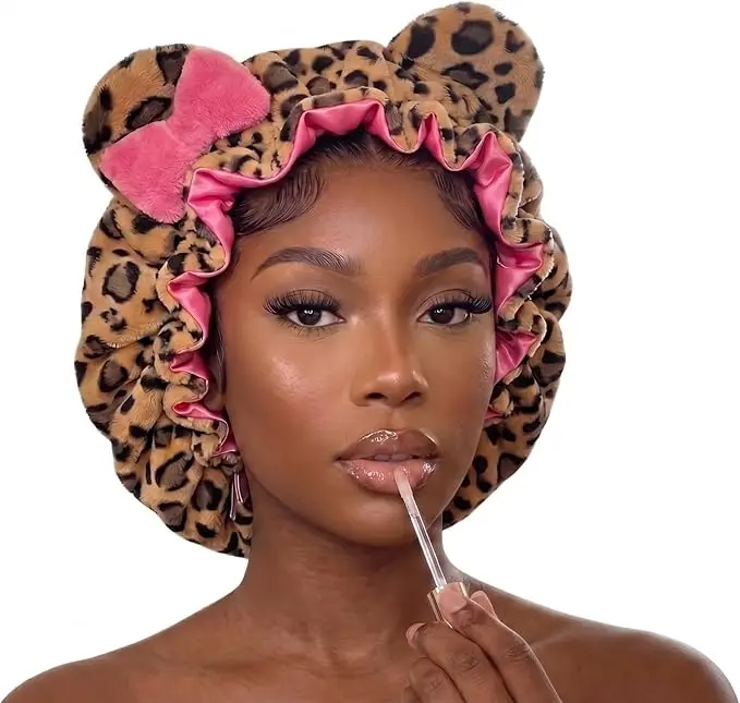 Luxury Leopard Print Satin Bonnet with Pink Lining - Anti-Frizz Adjustable-Strap Sleep Cap for Curly & Natural Hair, Haircare Essential
