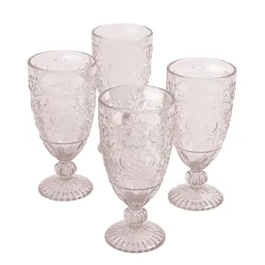 Amelia Glass14.7-Ounce Rose Tea Goblets Set of 4 - Elegant Vintage Charm Tea Goblets with Embossed Designs, Classic Fluted Foot - Drinkware