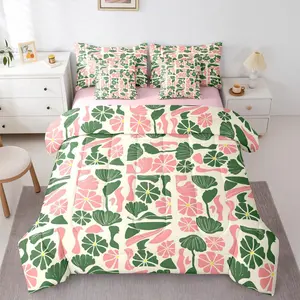 Mid Century Boho 7 Piece Bedding Set,Cute Green Pink Floral Plant Patchwork Comforter Set with Sheets,Modern Abstract Geometric Bed In A Bag Vintage Aesthetic Sheet Set with Comforter