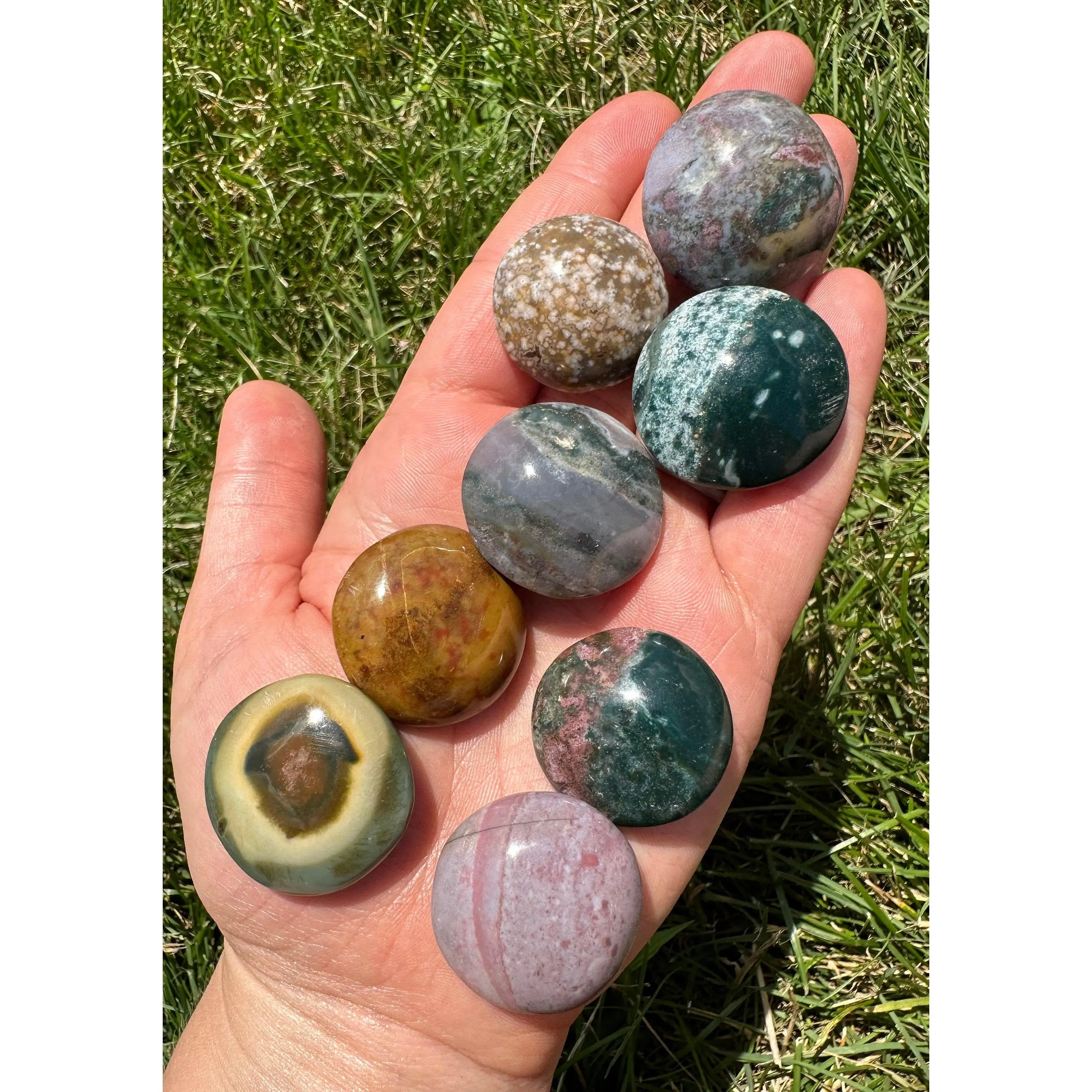 New Moon Beginnings Ocean Jasper Palm Stone - Natural Color Variations in Green, Brown, and Pink