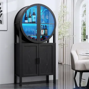 BROTTAR Rounded Wine Bar Cabinet with LED Lights, 65" Tall Storage Cabinet with Glass Doors & Shelves, Modern Liquor Coffee Bar Cabinet with Human Body Sensor for Kitchen, Living Room, Black