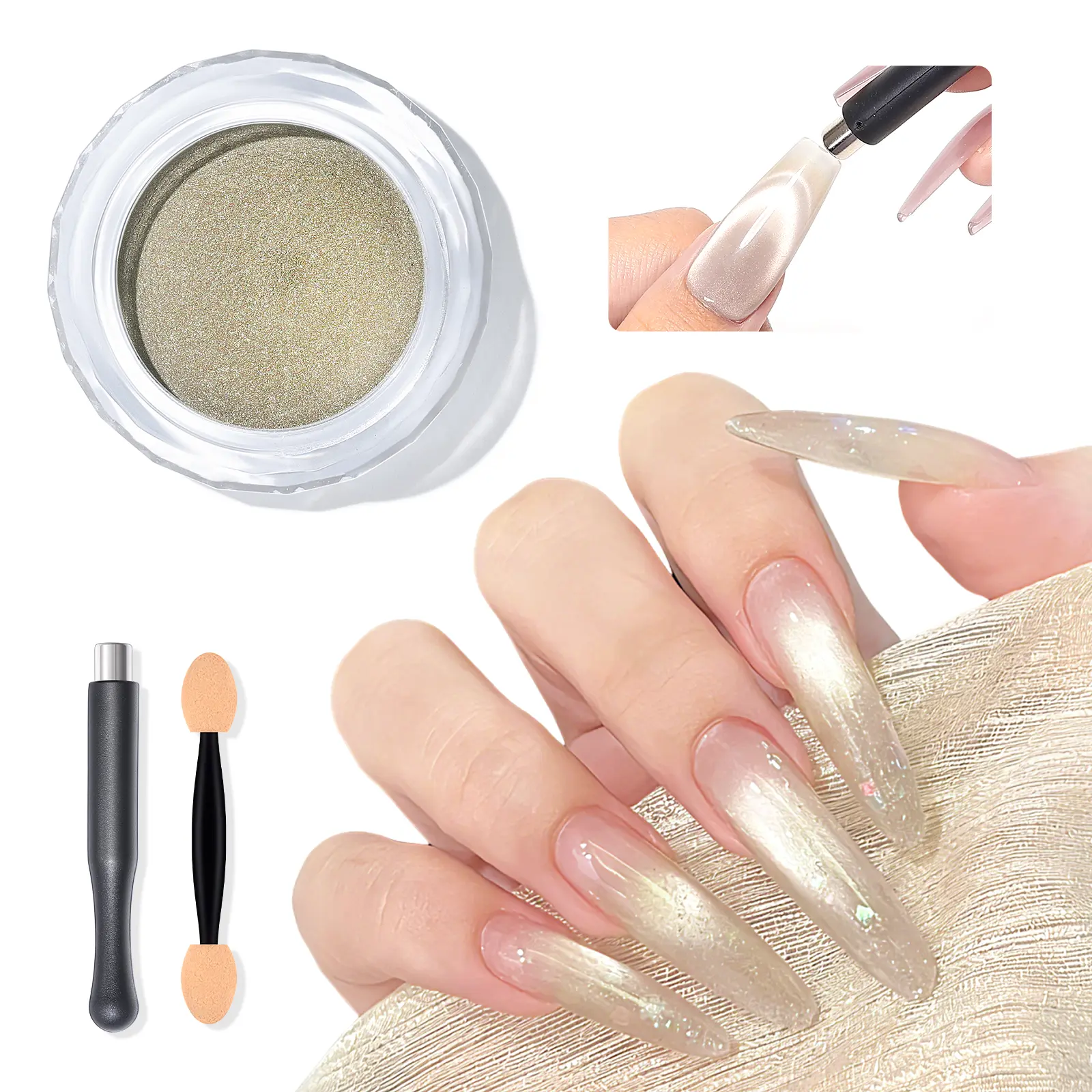 SAVILAND Cat Eye Chrome Nail Powder Kit: Achieve stunning 9D cat-eye effects with this metallic mirror chrome powder set. Includes a magnetic tool and sponge applicators for easy use, perfect for creating sheer glass-style nail art at home or in the salon