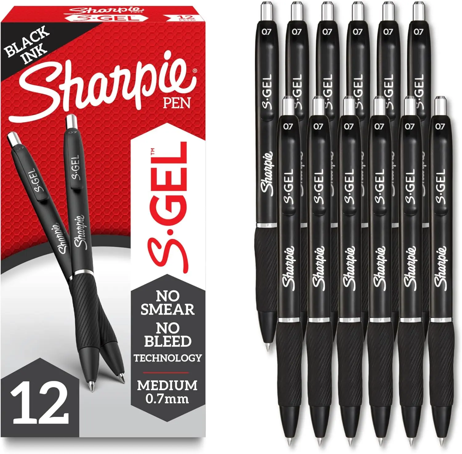 Smooth Tip Gel Pens, 0.7mm Medium Point, Black Barrel, 12-Count Black Ink Pens - Office & School Supplies for Writing, Note-Taking