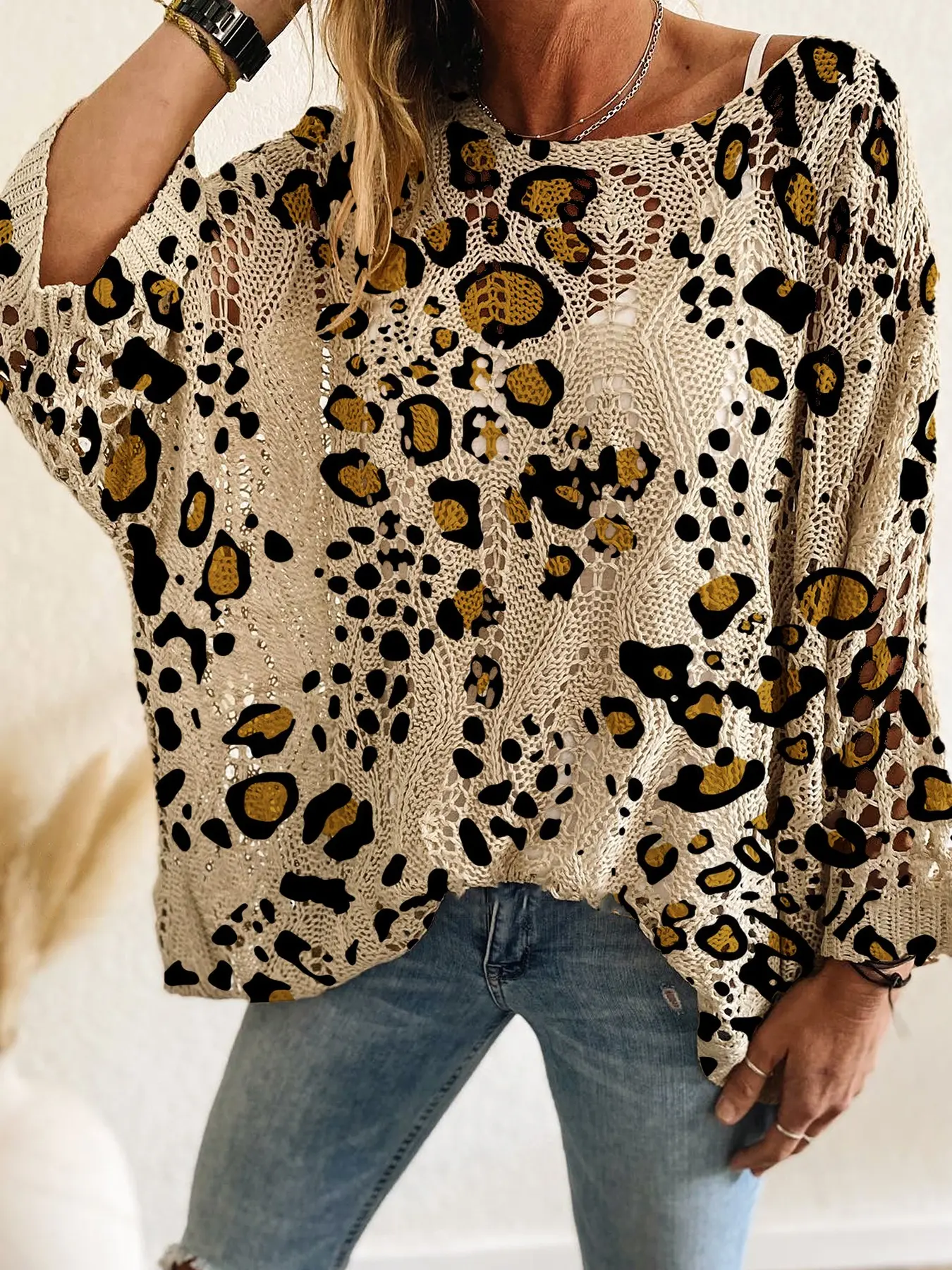 Women's Leopard Print Knit Top, Knitwear, Long Sleeve Batwing V Neck Hollow Out Design, Flowy Casual Elegant Commuter Wear, Womenswear, Knitted, Fit, Spring Summer Autumn Winter