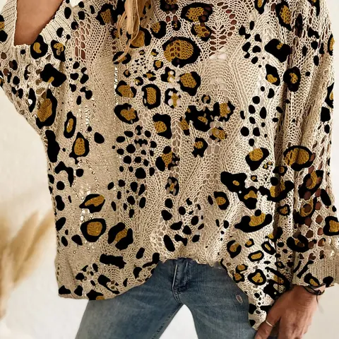 Women's Leopard Print Knit Top, Knitwear, Long Sleeve Batwing V Neck Hollow Out Design, Boho Batwing Sleeve, Flowy Loose Casual Elegant Commuter Wear, Womenswear, Knitted, Fit, Spring Summer Autumn Winter
