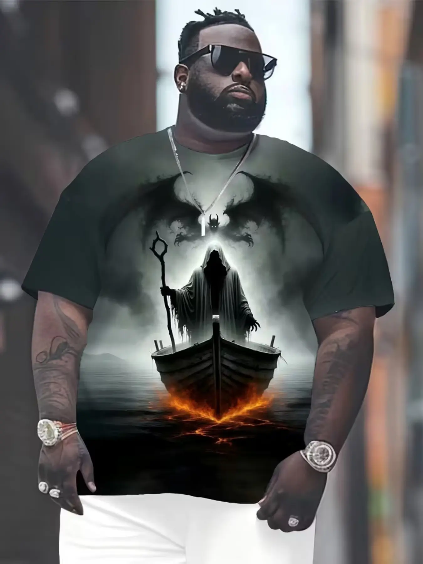 Men's Gothic Grim Reaper Graphic T-Shirt, Halloween Print T-Shirt, High Quality Plus Size Short Sleeve Top, Breathable Casual Wear for All Seasons