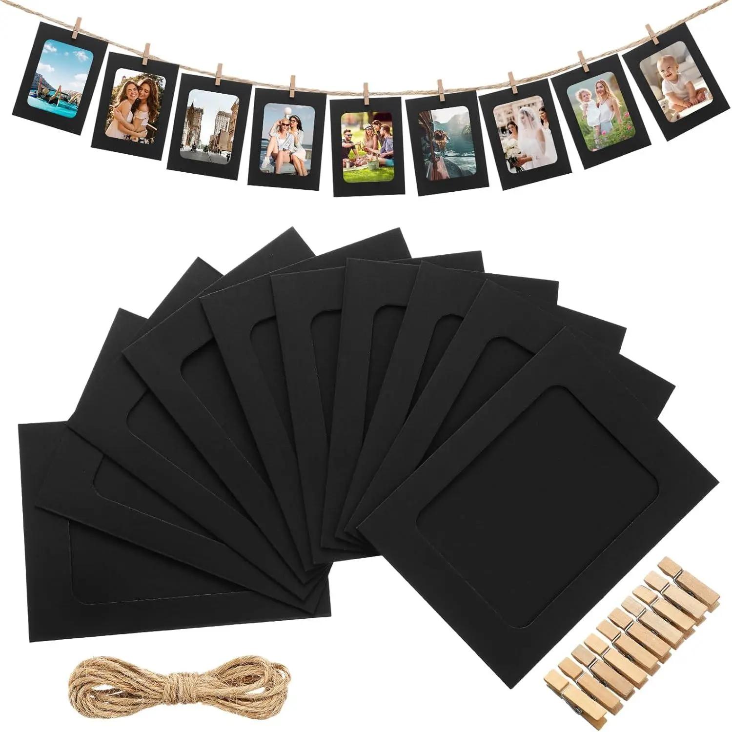 100 Pcs 4x6 Black Paper Photo Frames with 100 Clips, 10 Strings Kit - Hangable DIY Cardboard Photo Holder, Home Supplies for Back to School, Wedding Wall Decor, 4X6 Black Picture Frame