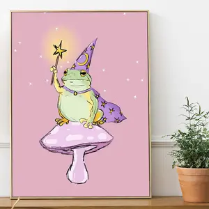 1pc Enchanting Frog Wizard Artwork, Adorable Magical-Themed Wall Decoration, Perfect Gift for Fantasy Enthusiasts And Those Who Love Cute Designs, Featuring a Frog Wizard Sitting on a Mushroom, Frameless Canvas Print