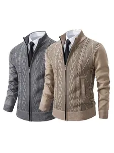 Men's 2-Pack Stand Collar Zipper Knit Sweater, Anti-Pilling Fabric, Classic Houndstooth Pattern, Fall & Winter Casual Wear