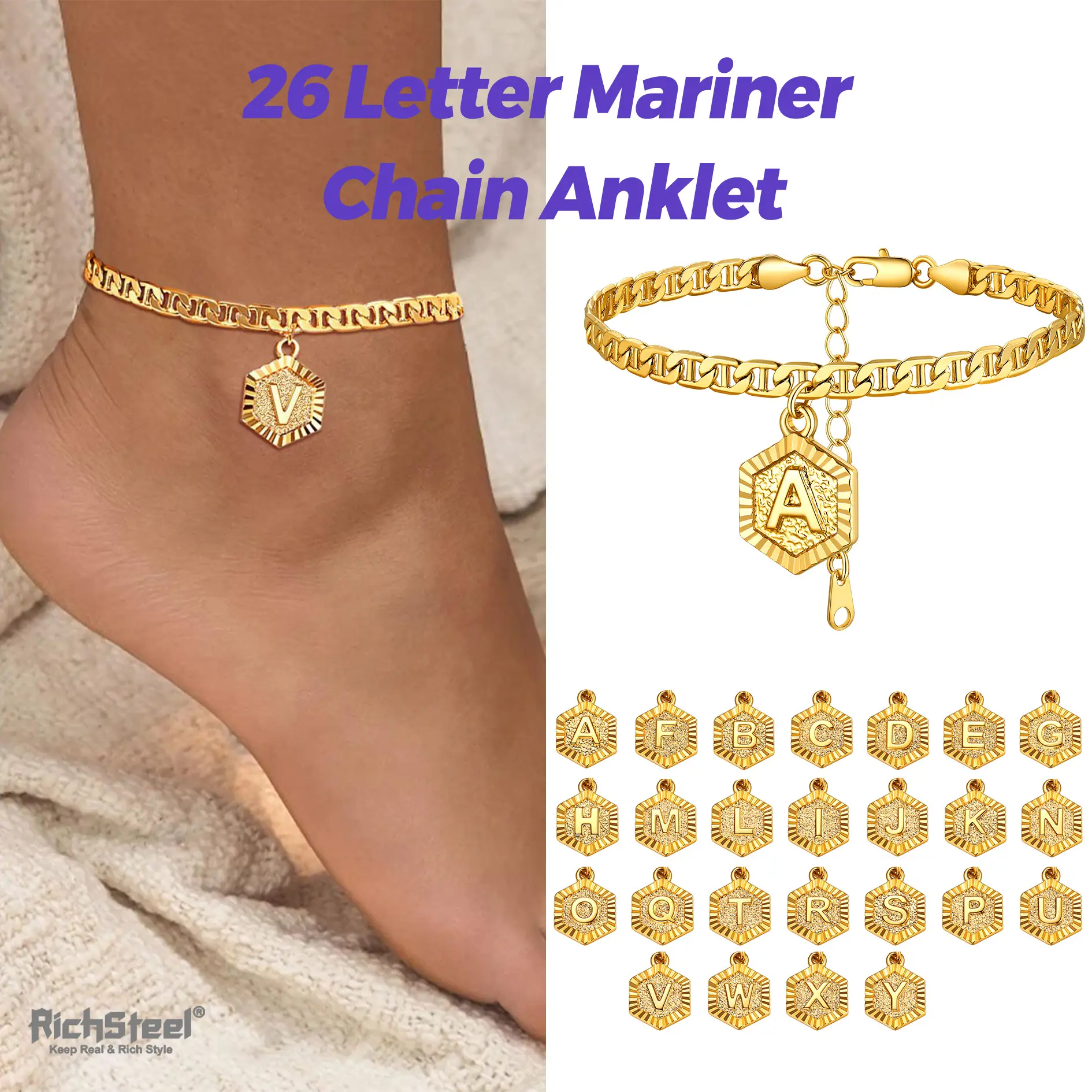 Richsteel Initial Anklet Mariner Chain Figaro Chain Heart Letter Pendant Minimalist Casual Ankle Bracelet Beach Jewelry for Girl Women
