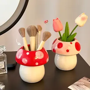 Ceramic Mushroom Makeup Brush Holder - Countertop Organizer for Cosmetic Brushes and Office Supplies, Cute Desk Accessory Storage for Students and Girls, No Electricity Needed, with Special Design Features - 1 Piece Boxes Bright Red