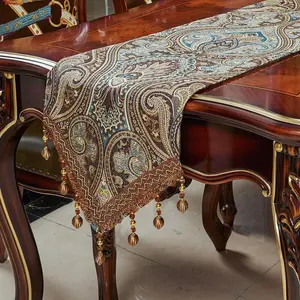 Luxury Vintage Table Runner 120 inches Long Embroidery with Multi-Tassels Table for Dining Room Dresser Wedding Party Fireplace Decorations (Coffee, 12X120inch)