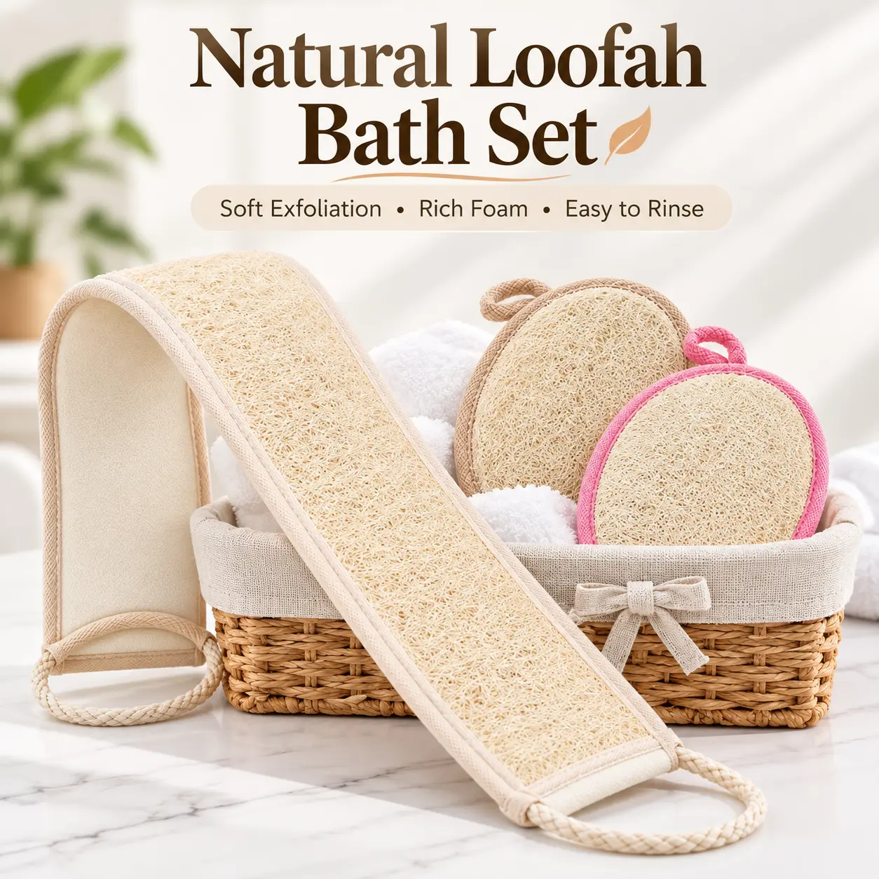Natural Loofah Sponge，Back ScrubberSoft，Exfoliating Body Scrubber Yet Effective Natural Loofah Gentle Exfoliation Rich Foam Bath Sponge Set for Ultimate Skin Care
