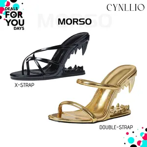 CYNLLIO Womens Morso Sandals Open Round Toe Wedge Heels Elegant Metallic Shark Teeth Heel Style Slip on Strappy Heeled Fashionable Tiger Teeth Flip Flops Thong Mule Hollow-Shaped Slide Sandal Dressy Party Clubbing Spring Catwalk Pumps Deals For You Days