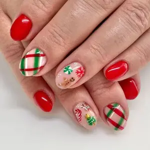 Christmas 24pcs Short Oval Press-On Nails Easy to Apply, Gingerbread Man & Cane Candy Stripes, Acrylic False Nails for Women Girls