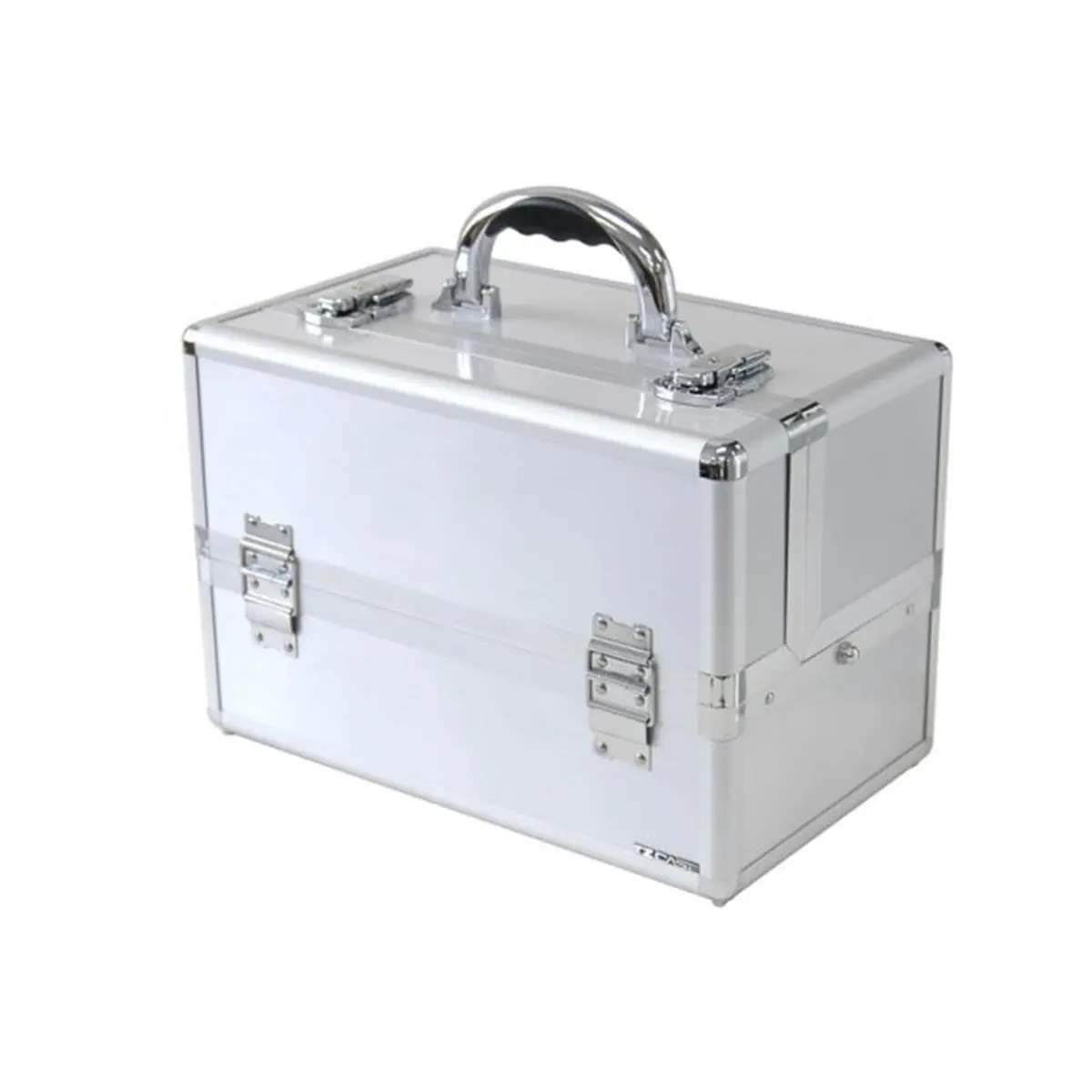 212 MAIN TZ Case Mini Pro Cosmetic Case - Silver, Portable Handle, Aluminum Frame, Divided Base, Extendable Trays, Key Locks, Smooth Panels, 2 Latches, Two Latches