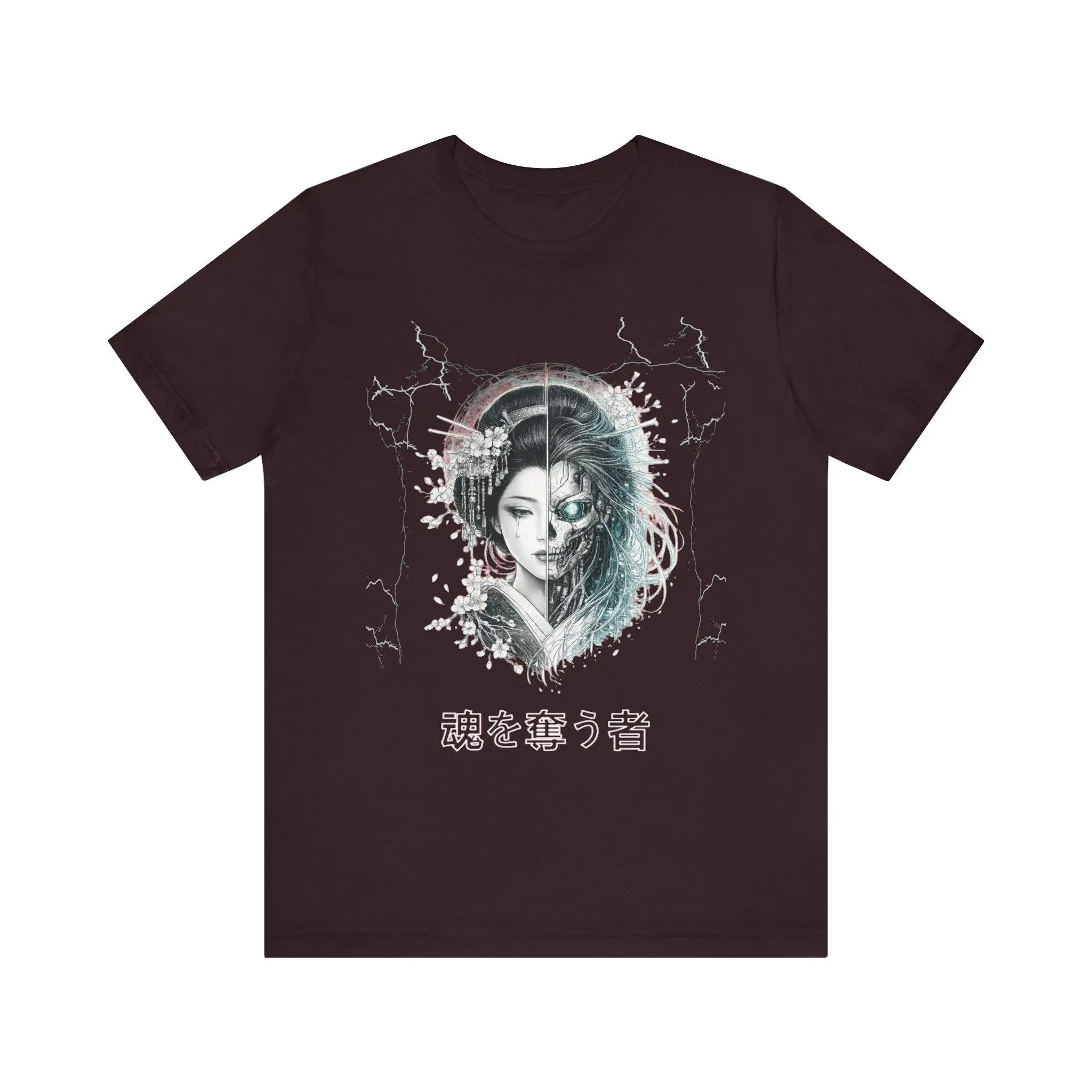 Cyberpunk Geisha Soul Stealer T-Shirt | Japanese Script, Neon Lightning
